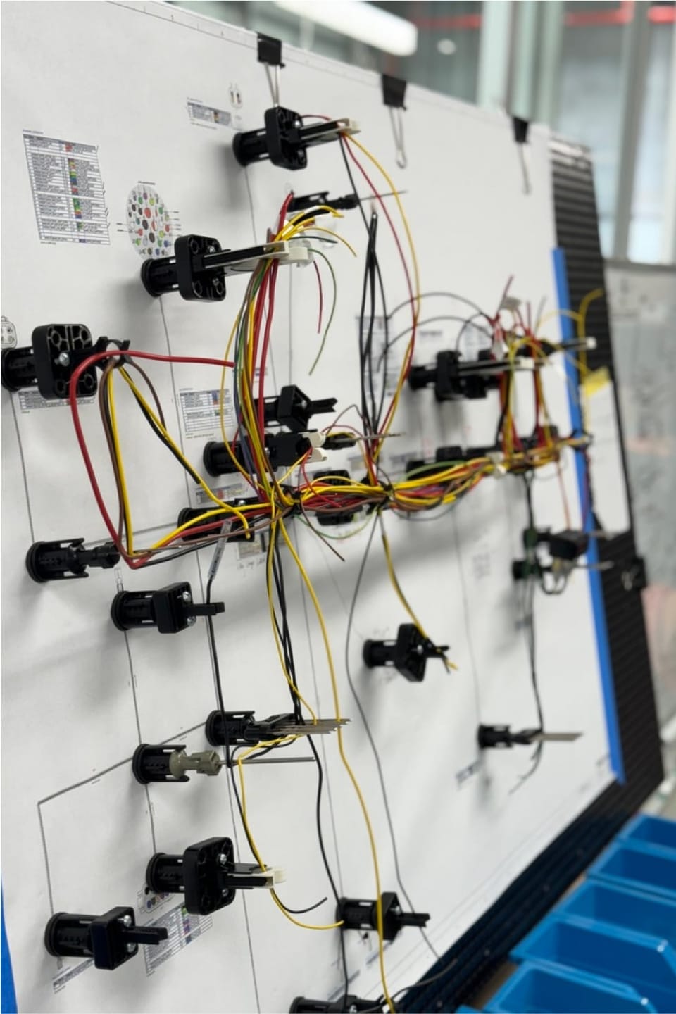 The Mini's new wiring loom built up on a board, colour-coded with labelled connectors.