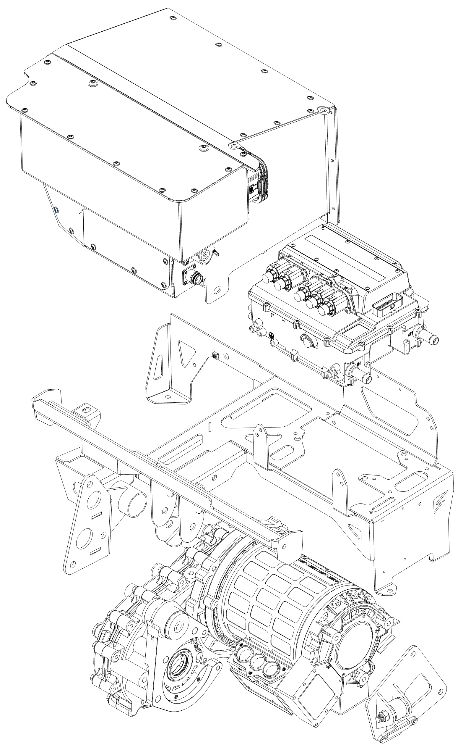 Exploded view of the front drivetrain assembly showing component breakdown