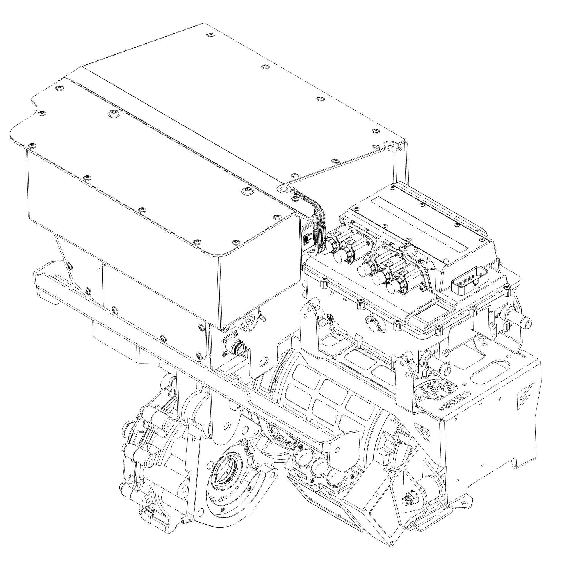 Fusion 360 drawing of the front drivetrain assembly, showing motor, gearbox, and front battery layout