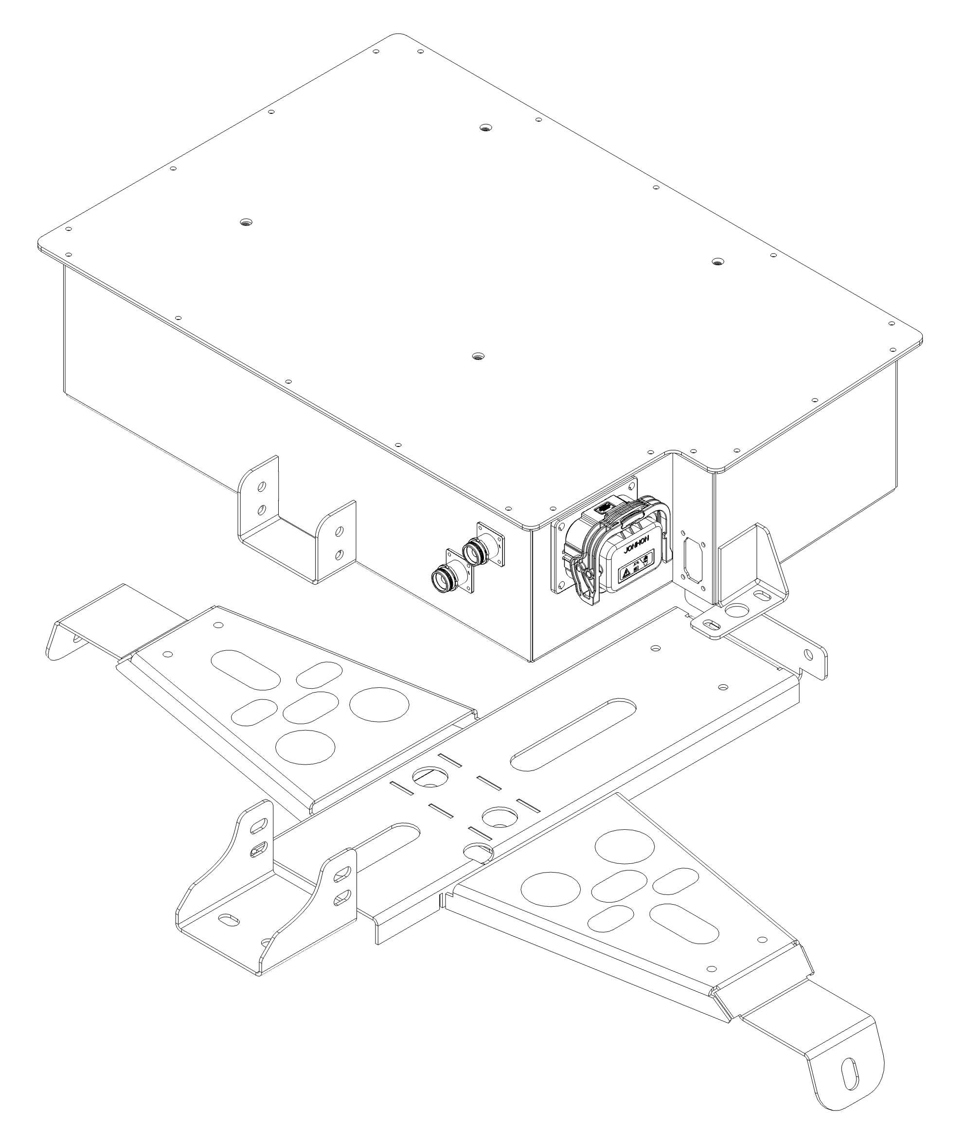 Fusion 360 drawing of the rear battery pack and its mounting plate, designed to bolt up into the Super S chassis