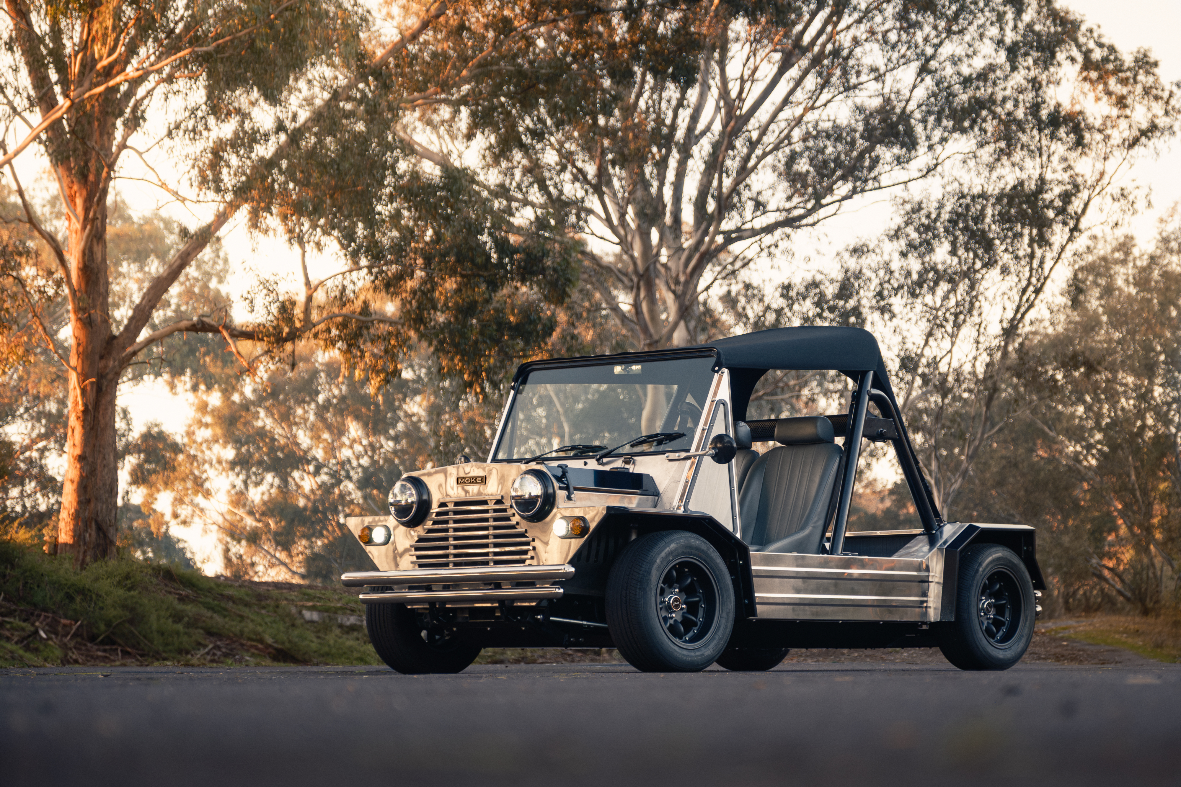 Three-quarter front view of the stainless Moke parked on a bush road, with tall eucalyptus trees glowing in the golden hour light behind it.