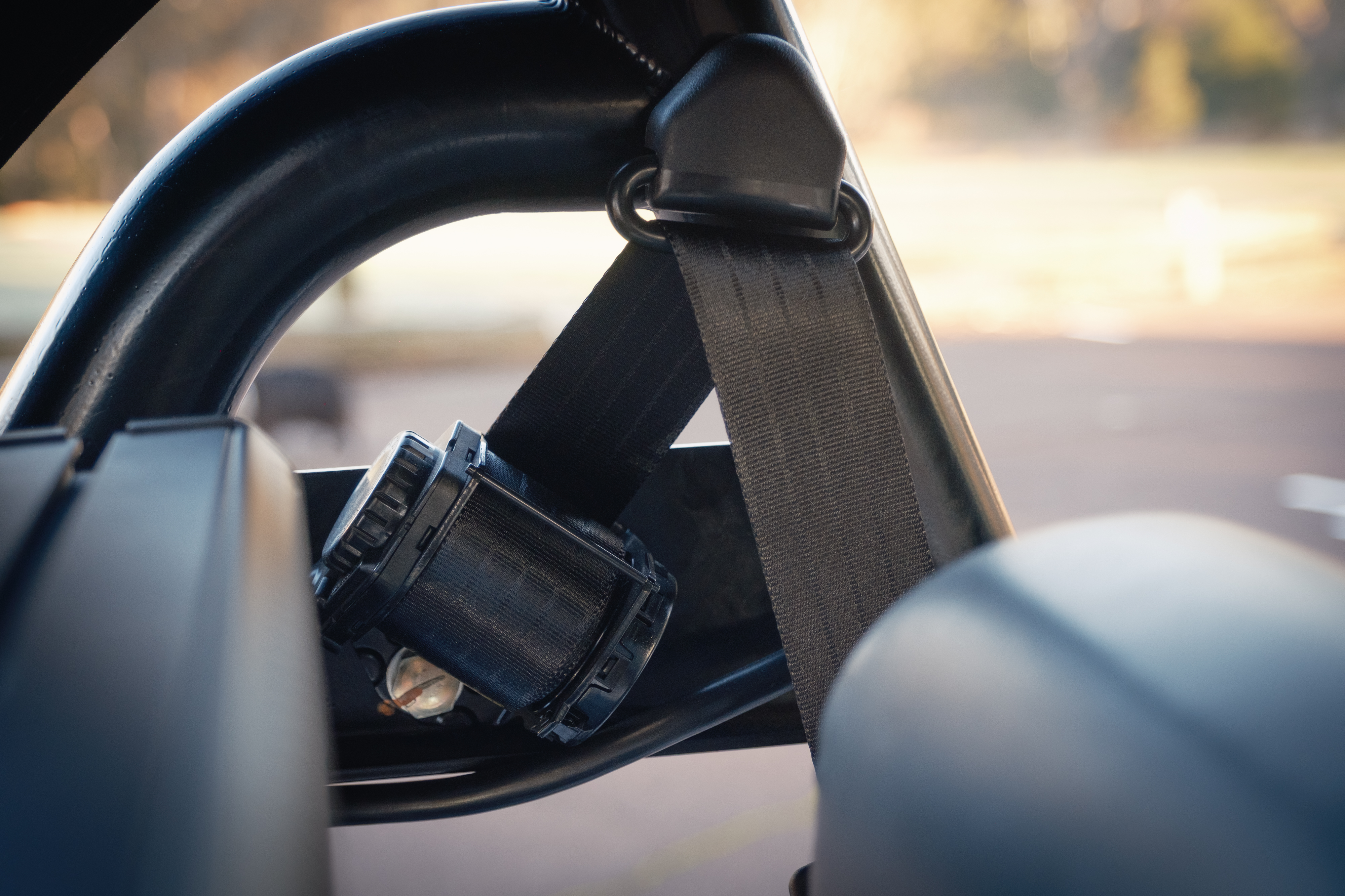 Detail of the seat-belt retractor and strap mounted on the black tubular hoop, with the integrated speaker visible and a soft morning-light bush setting behind.