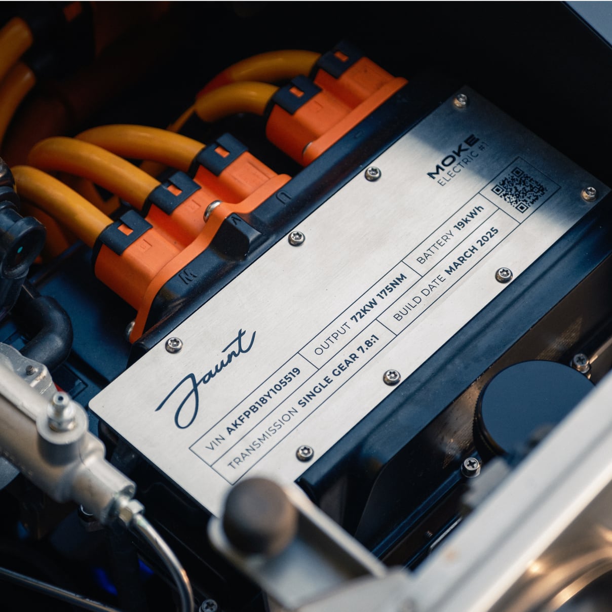 Moke engine bay with electric drivetrain